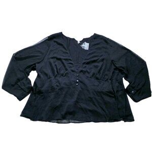 Addition Elle Top Womens 5X Black LS Chiffon Lined Baby Doll Smocked Mature Goth